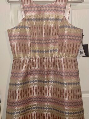 Metallic Patterned Sleeveless Fit & Flare Dress - Pink, Gold, Blue
